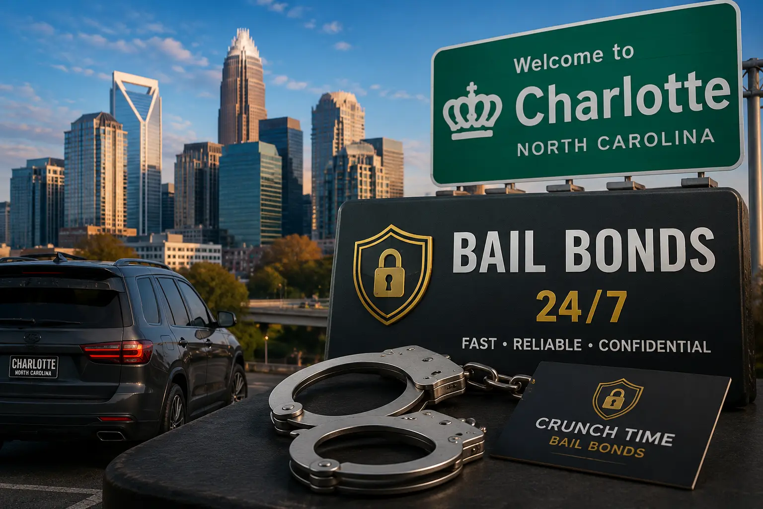 Bail bonds assistance in Charlotte NC with handcuffs and cash