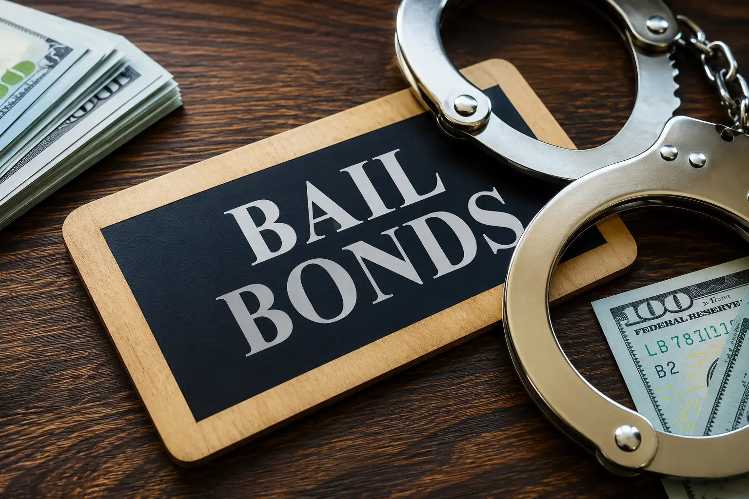 Bail bonds assistance in Charlotte NC with handcuffs and cash